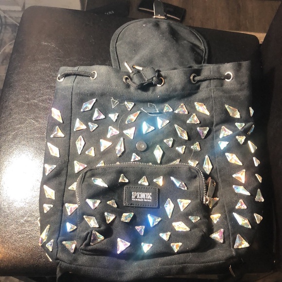 victory secret pink Women’s Black Mini Backpack with Large Gem Stones - Picture 6 of 16